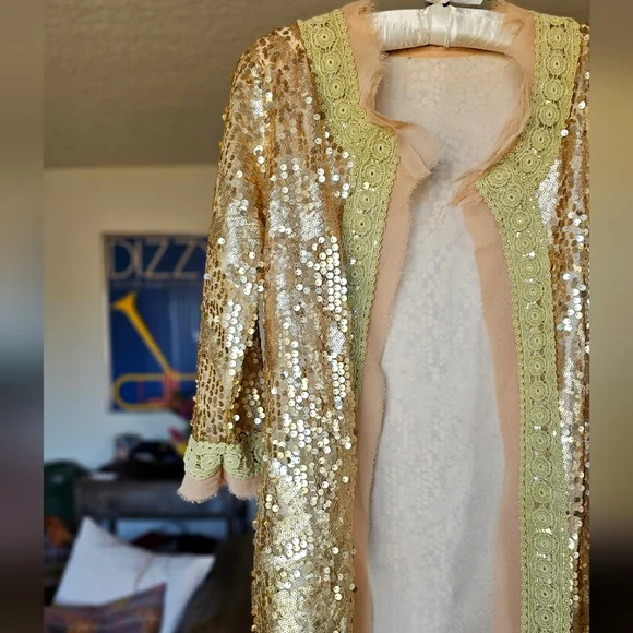 RARE Gold Sequin Jacket Women's O/S Festival Bohemian Statement - Picture 3 of 8